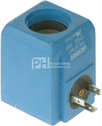 Bobina para valvula hidraulica marca Eaton Vickers, 12 VDC, D.I. 0.924 pulg. X 2.38 pulg. altura x 1.83 pulg. ancho