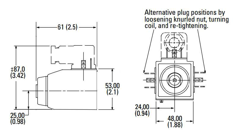 Bobina para valvula hidraulica marca Eaton Vickers, 12 VDC, D.I. 0.924 pulg. X 2.38 pulg. altura x 1.83 pulg. ancho