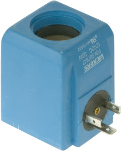 Bobina para valvula hidraulica marca Eaton Vickers, 12 VDC, D.I. 0.924 pulg. X 2.38 pulg. altura x 1.83 pulg. ancho